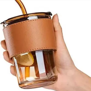 Sipper Bottle with Leather Sleeve Glass Coffee Mug with Silicone Straw and Leakproof Lid Tumbler for Coffee, Tea, Milk, Juice & Water