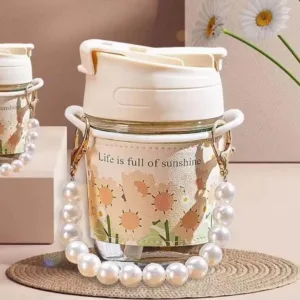 Elegant Glass Coffee Cup 300ml – Iced & Hot Beverage Mug with Pearl Chain, Lid & Straw...
