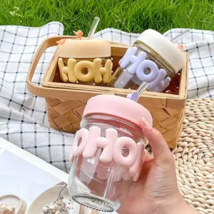 HOHO Glass Water Bottle with Straw & Lid, Cute Transparent Sipper, 350 ML, for Kids & Daily Use