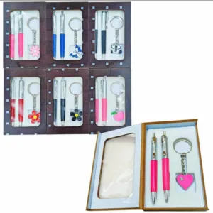 2 Pen + Metal Keychain Combo Gift Pack With Wooden Box Packing